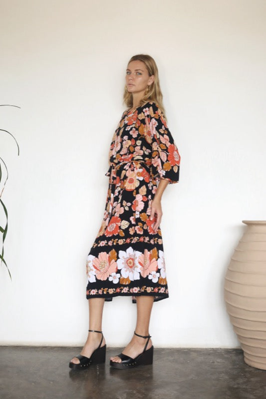 Rose L/S Midi Dress - Bordered Floral