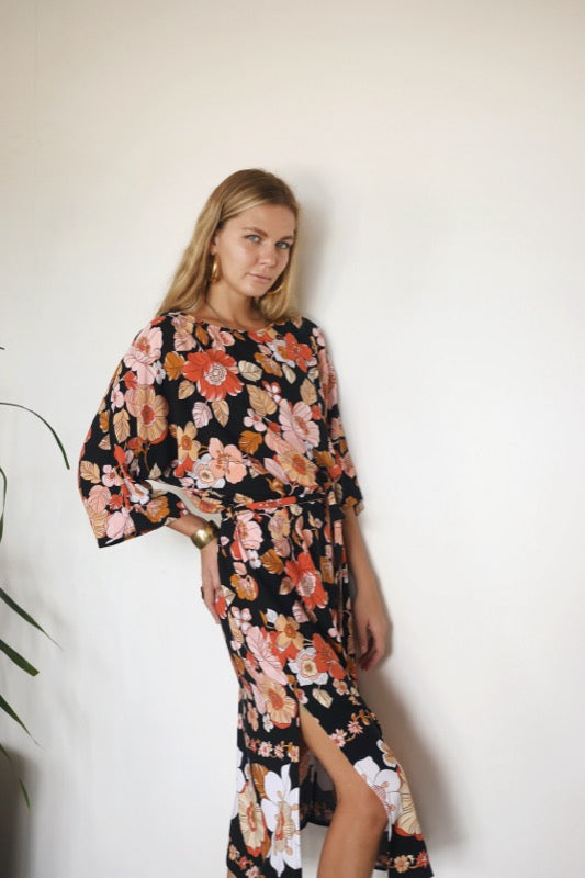 Rose L/S Midi Dress - Bordered Floral