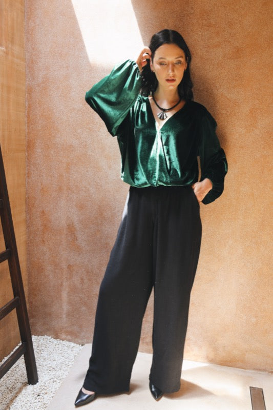 Karin Velvet Wrap Top - Wicked Green Velvet
