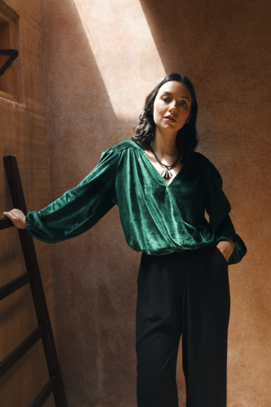 Karin Velvet Wrap Top - Wicked Green Velvet