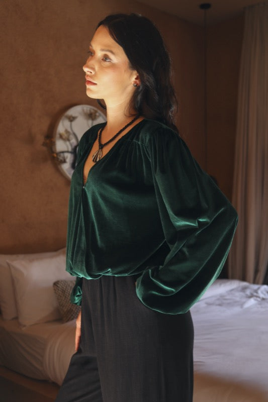 Karin Velvet Wrap Top - Wicked Green Velvet
