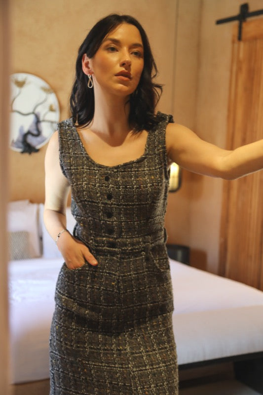 Darcy Pinafore Dress - Tweed Grey, Black & White
