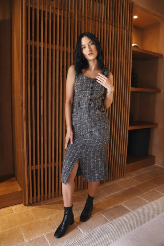 Darcy Pinafore Dress - Tweed Grey, Black & White
