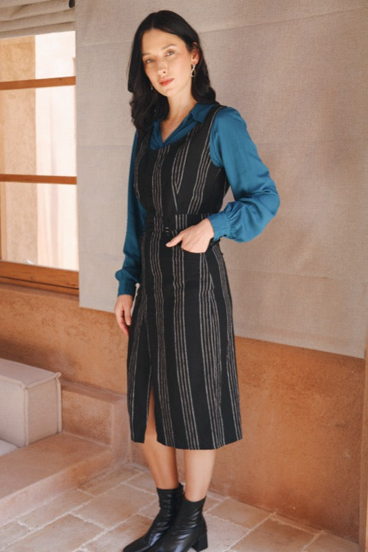 Darcy Pinafore Dress - Pinstripe Linen
