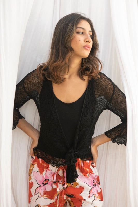 Shira Mesh Knit Wrap Cardi - Black