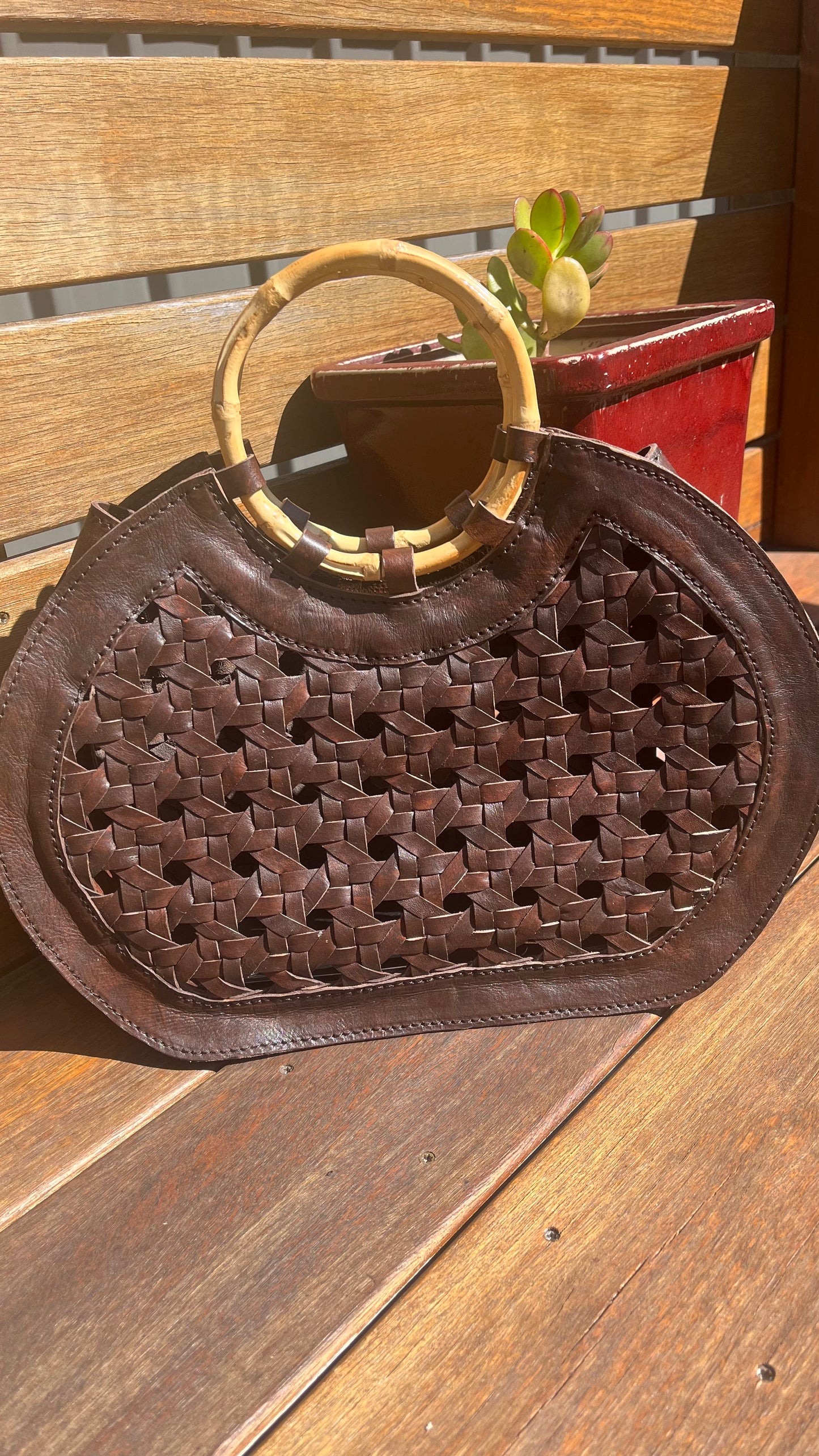 Rattan Leather Bag - Dark Brown