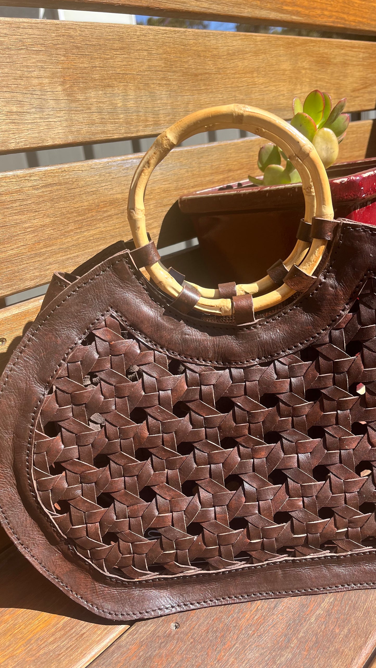 Rattan Leather Bag - Dark Brown