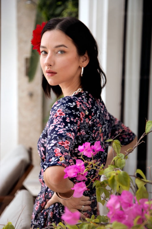Olive Wrap Dress - Pink Flowers