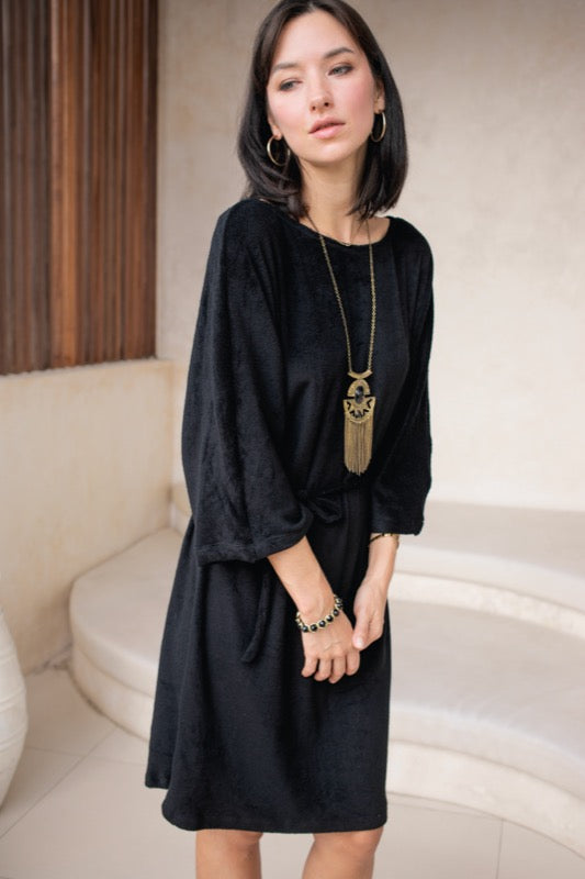Rose 3/4 Sleeve Dress - Terry Black