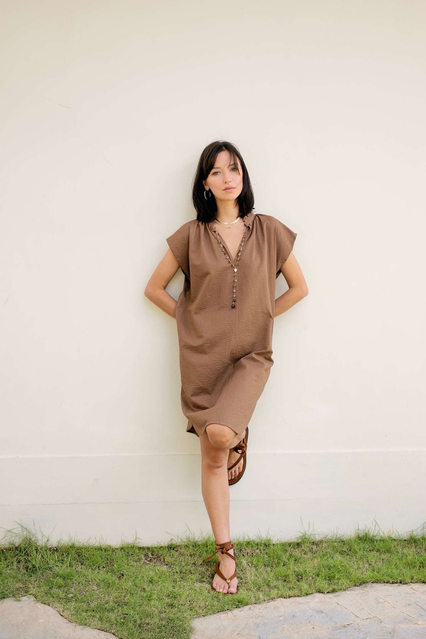 Rumi Dress - Taupe Seersucker