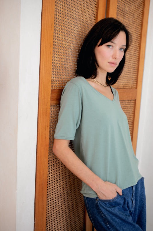 Candy V-Neck Top - Moss Jersey