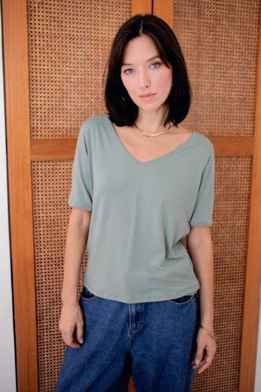 Candy V-Neck Top - Moss Jersey