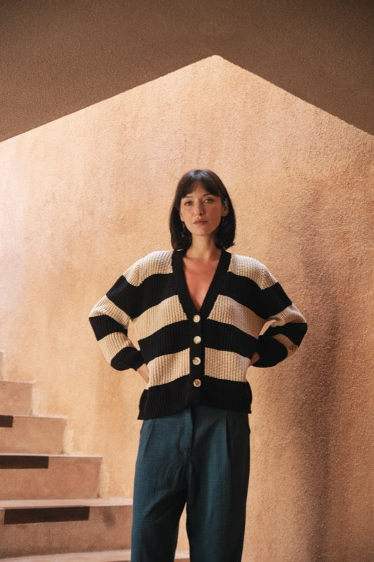 Tommy Cardigan - Beige & Black Stripe
