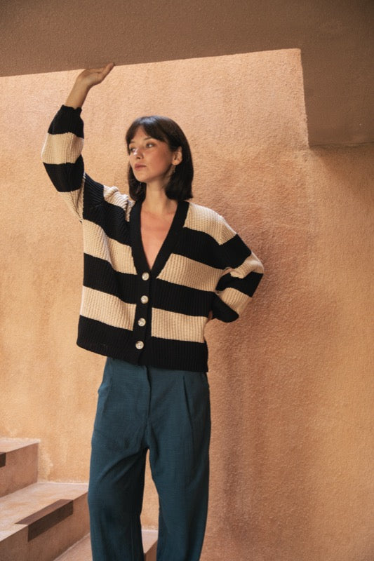 Tommy Cardigan - Beige & Black Stripe