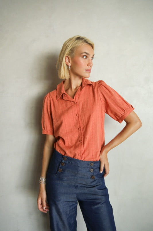 Joyce S/S Blouse - Brick Embroidered Cotton