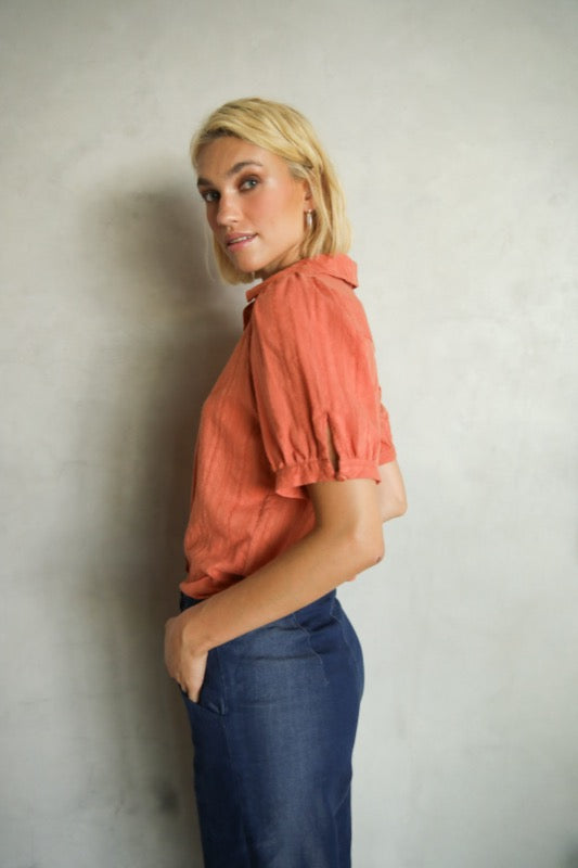 Joyce S/S Blouse - Brick Embroidered Cotton
