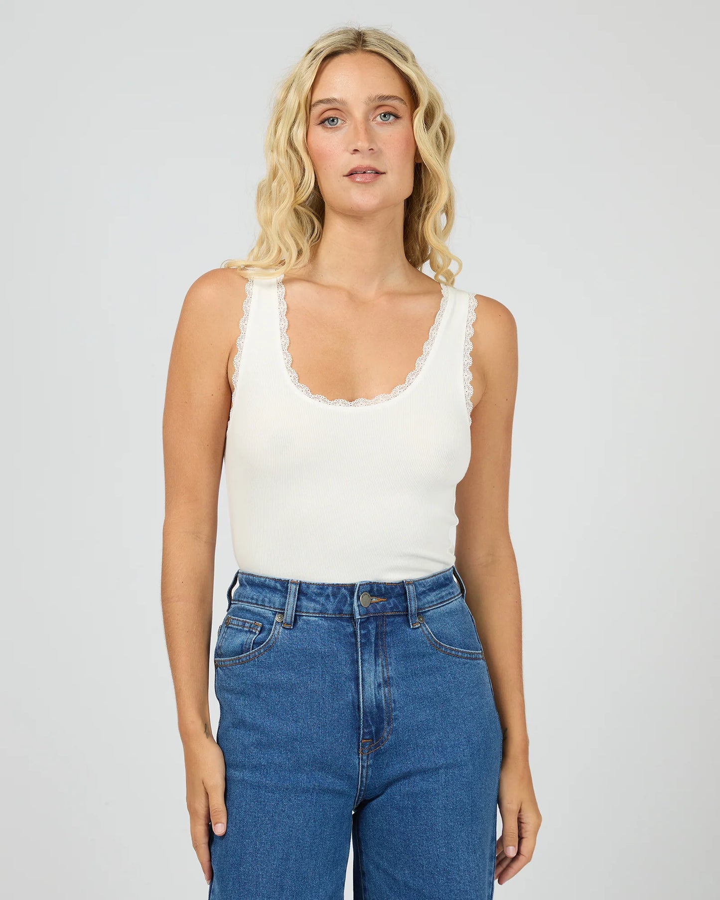 Washed Rib Lace Tank - Vintage White