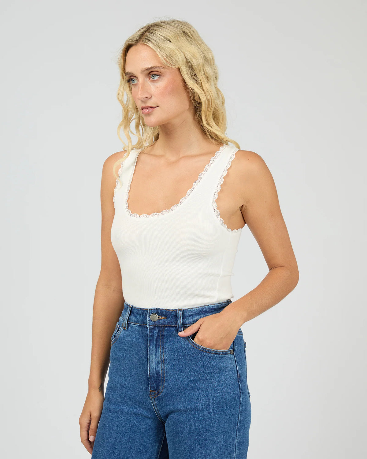 Washed Rib Lace Tank - Vintage White
