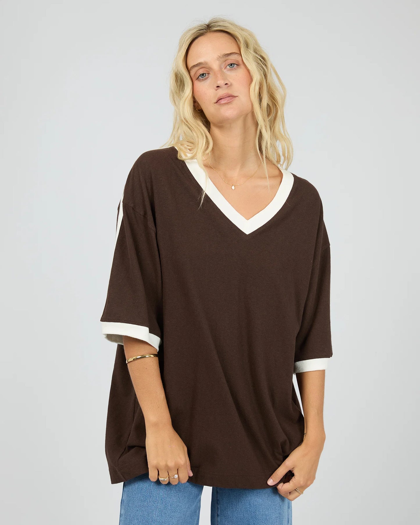 Zulu Panel Oversized V-Neck Tee - Brown
