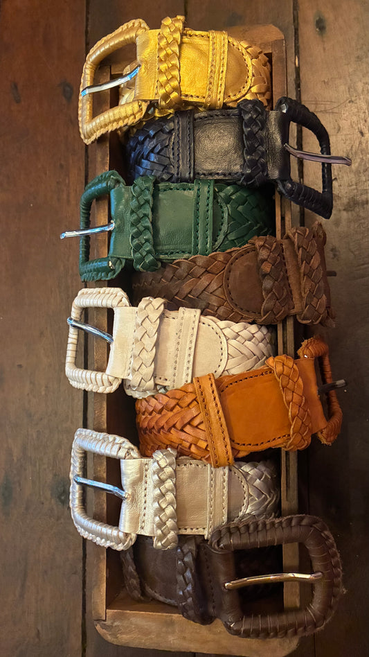 Tasha Leather Weave Belt - DK. Brown / Almond / Tan / Black / Gold / Silver / Wine / Green / Cream / Camel