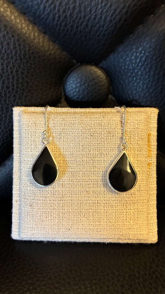 Black Onyx Teardrop Earrings - Silver