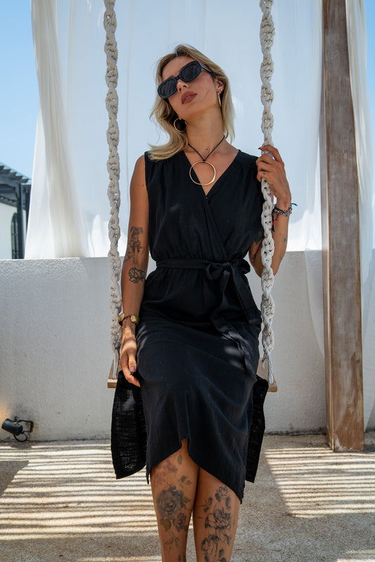 Karrina Dress Sleeveless - Black Linen