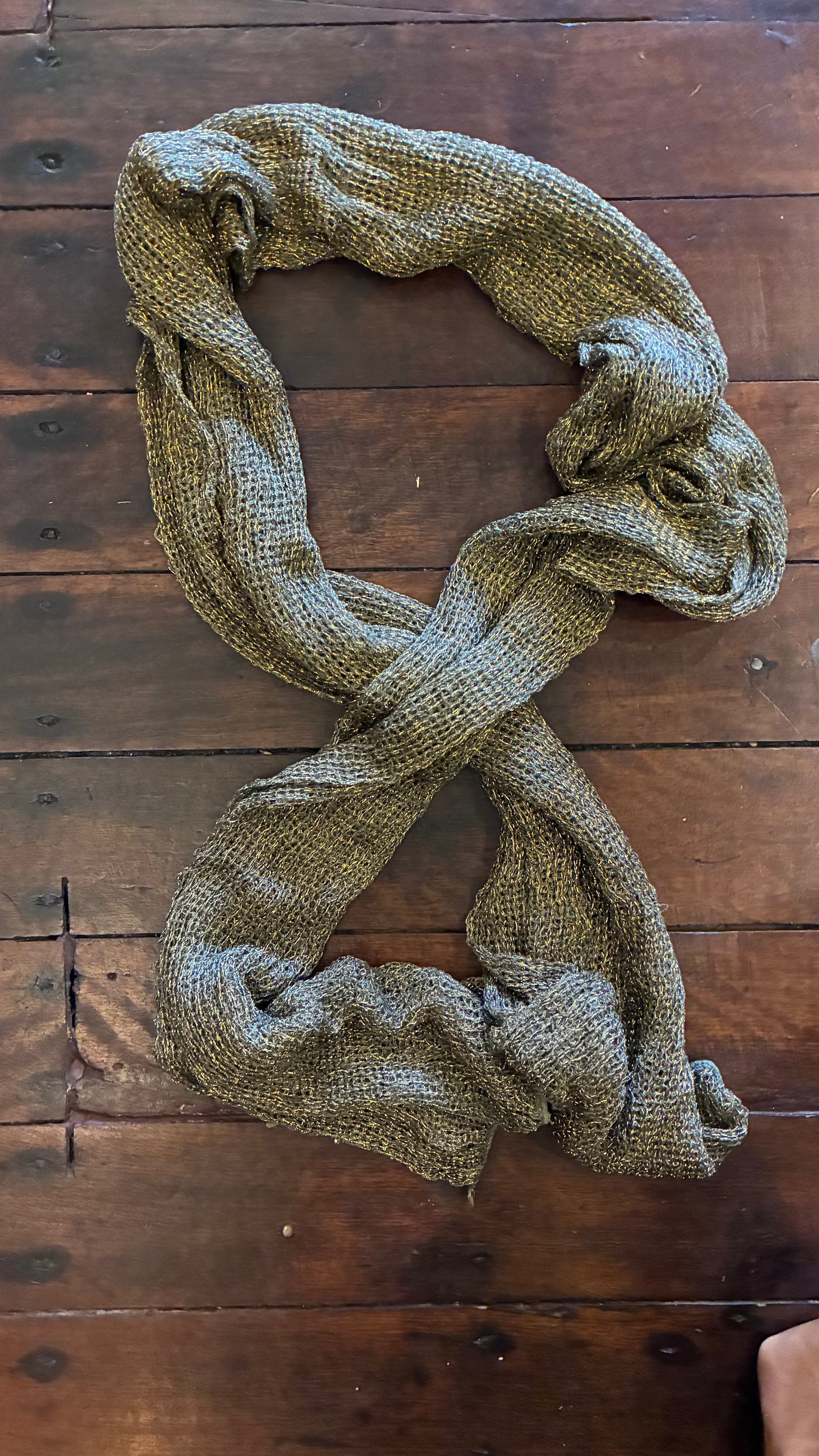 Knitted Mesh & Lurex Scarf - Black/Gold/Khaki