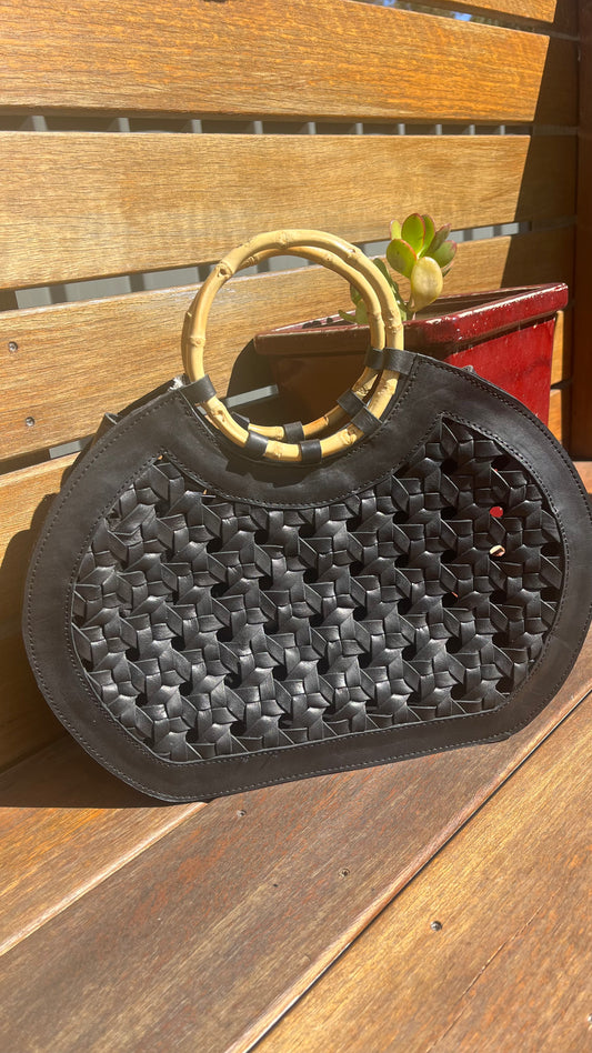 Rattan Leather Bag - Black