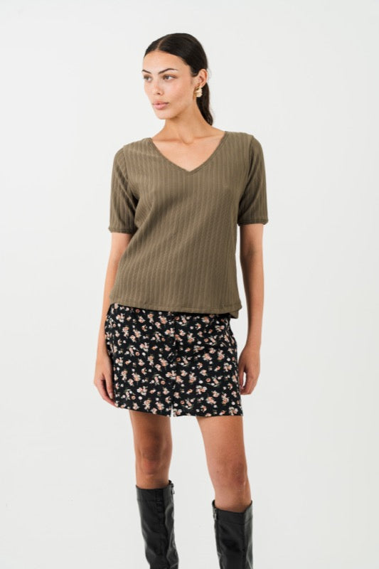 Candy V-Neck Top - Olive Rib
