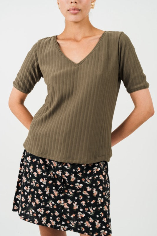 Candy V-Neck Top - Olive Rib