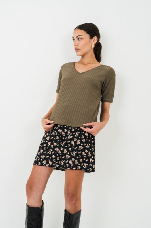 Candy V-Neck Top - Olive Rib