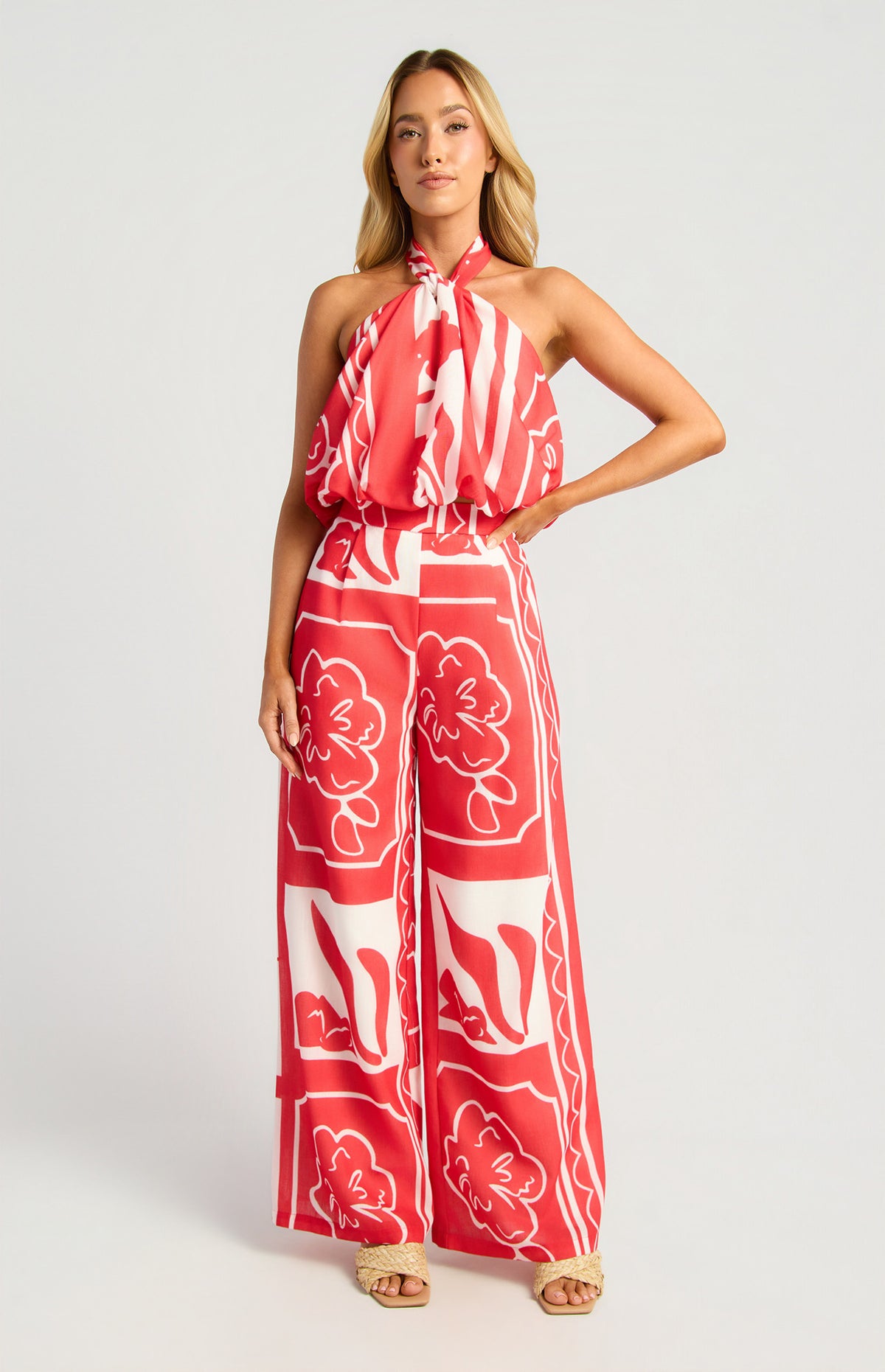 Printed Bubble Halter Top - Red