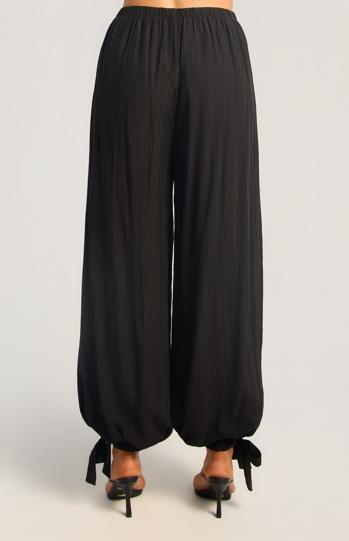 Textured Balloon Hem Pants with Side Tie Detail - Black