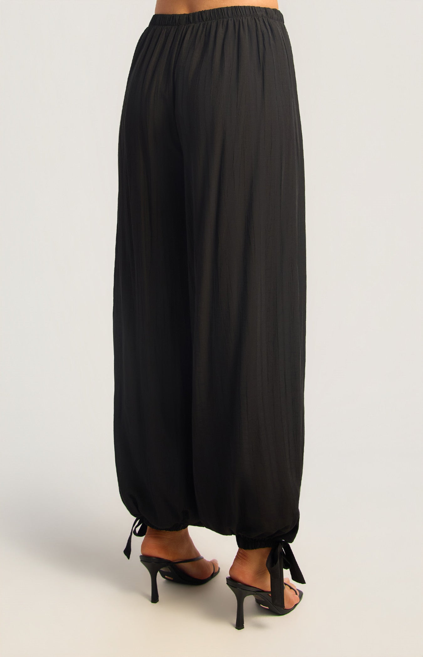 Textured Balloon Hem Pants with Side Tie Detail - Black
