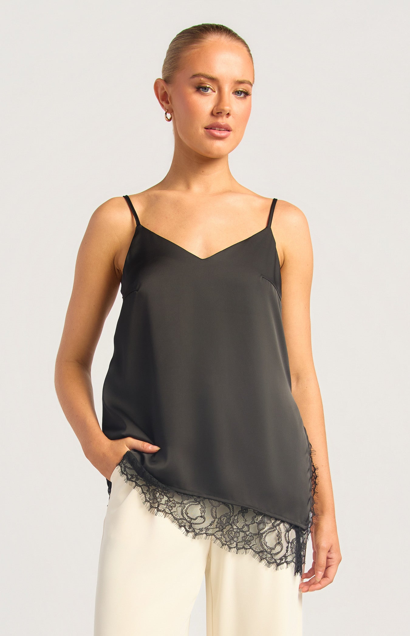 Asymmetric Lace Trim Cami - Black