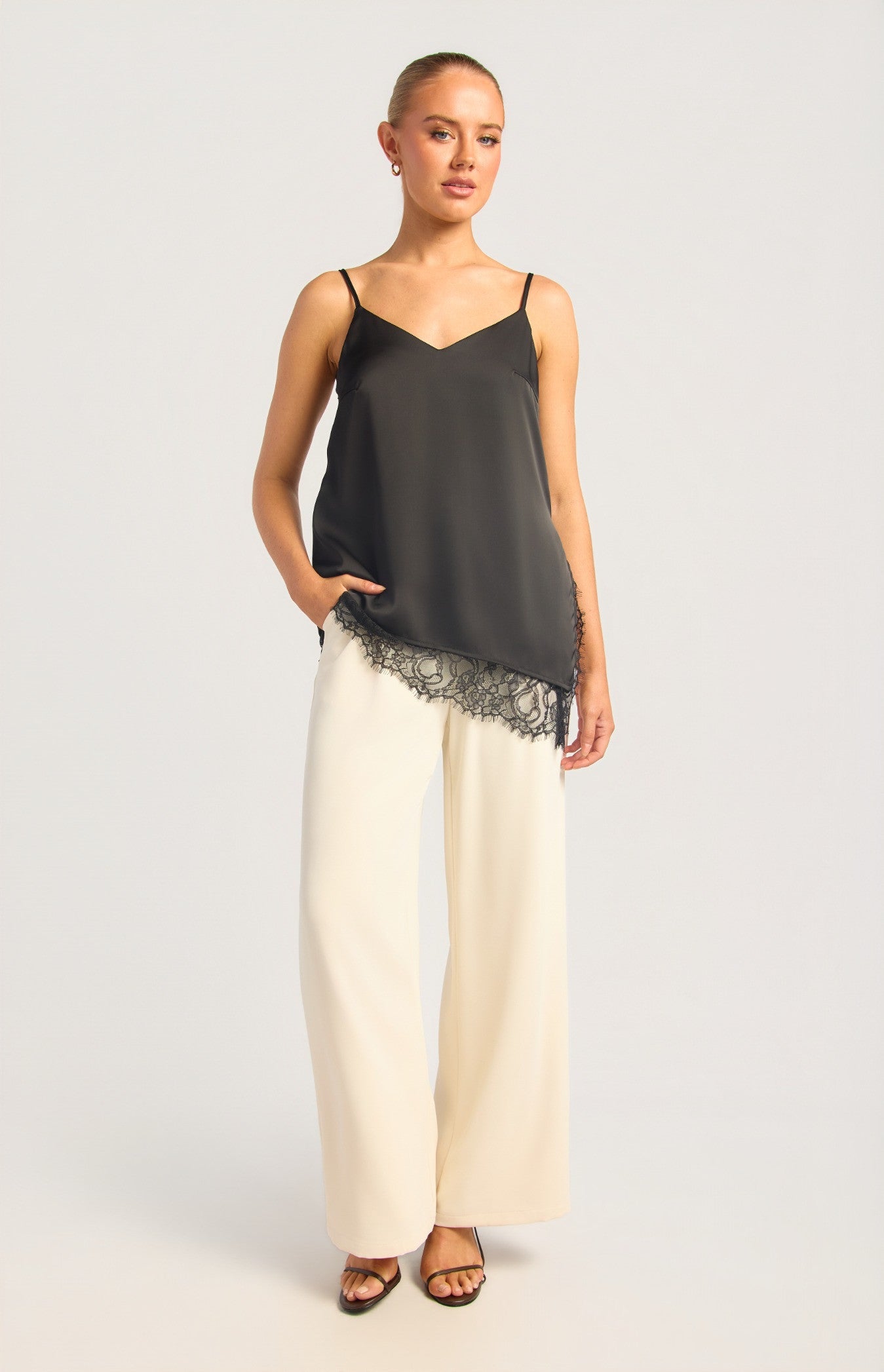 Asymmetric Lace Trim Cami - Black