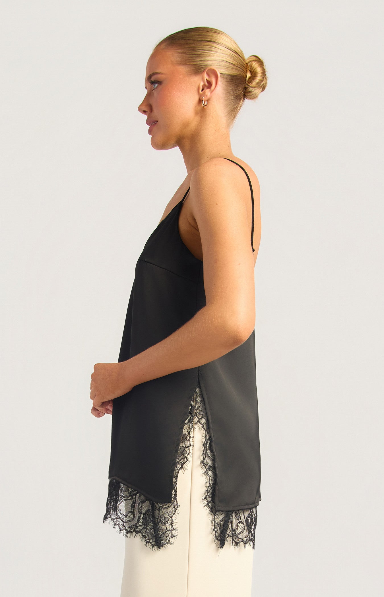 Asymmetric Lace Trim Cami - Black